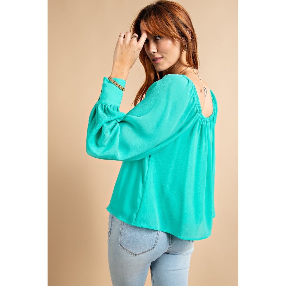 Easel Atlantis Green Buttoned Cuffs Loose Fit Chiffon Lightweight Lined Blouse - Picture 5 of 5